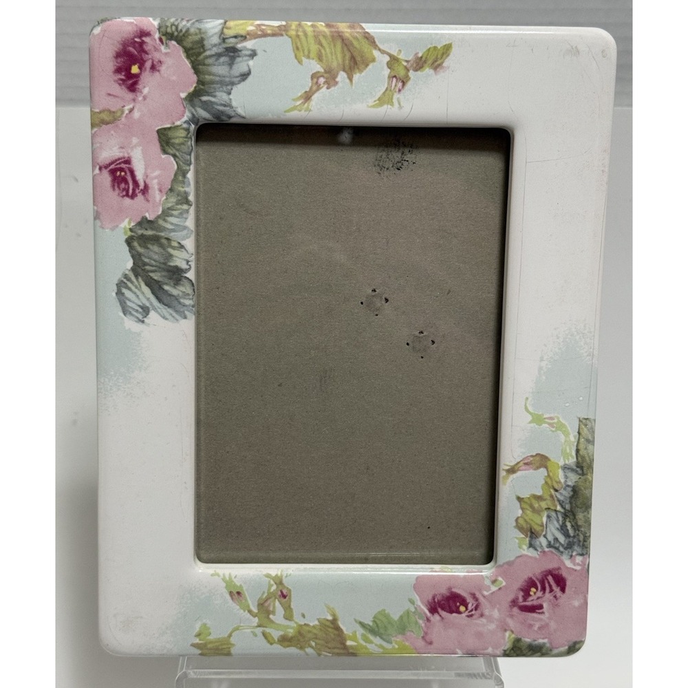 Vintage Off White Floral Ceramic Picture Frame Cottage Grandma Core Pink Flowers